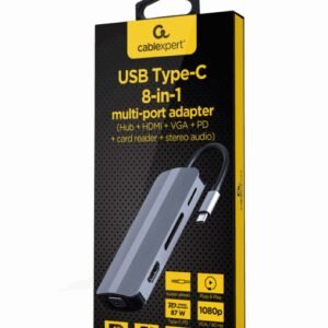 Gembird A-CM-COMBO8-02 base para portátil y replicador de puertos Alámbrico Plata
