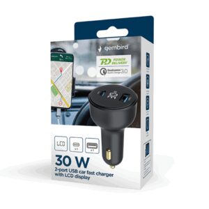 Gembird TA-UC-AC2PD30LCD-CAR-01 cargador de dispositivo móvil Universal Negro Encendedor de cigarrillos Carga rápida Auto