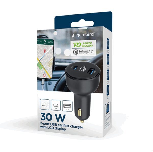 Gembird TA-UC-AC2PD30LCD-CAR-01 cargador de dispositivo móvil Universal Negro Encendedor de cigarrillos Carga rápida Auto