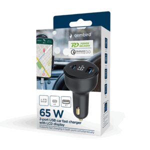 Gembird TA-UC-AC2PD65LCD-CAR-01 cargador de dispositivo móvil Universal Negro Encendedor de cigarrillos Carga rápida Auto