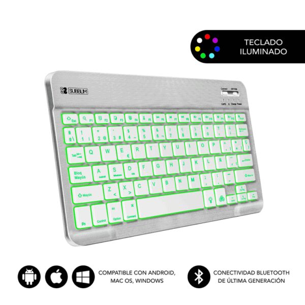 SUBBLIM TECLADO SMART BACKLIT BLUETOOTH SILVER QWERTY Español Plata, Blanco