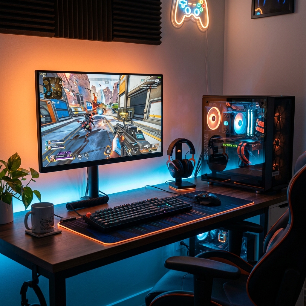 Espectacular setup gaming moderno en tonos naranjas y azules