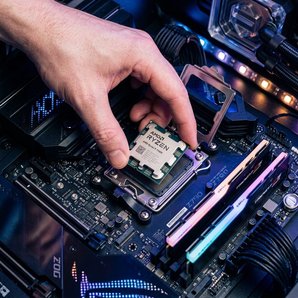 Instalación de un procesador de ordenador moderno en una placa base gaming con luces RGB