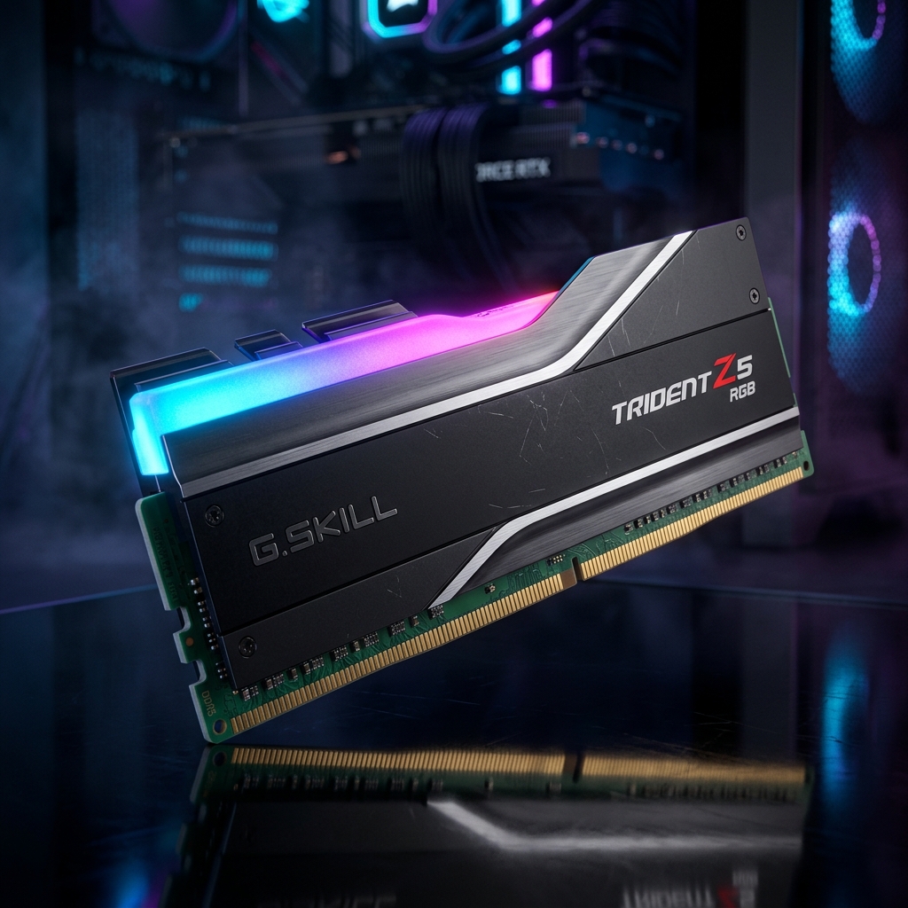 Primer plano de una memoria RAM DDR5 gaming con iluminación RGB sobre un fondo oscuro, ideal para pc gaming